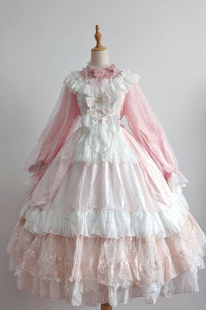 Pink OP Tiered Dress Sweet Lolita Long Sleeves Bowknot Ruffled - Altfashion Shop