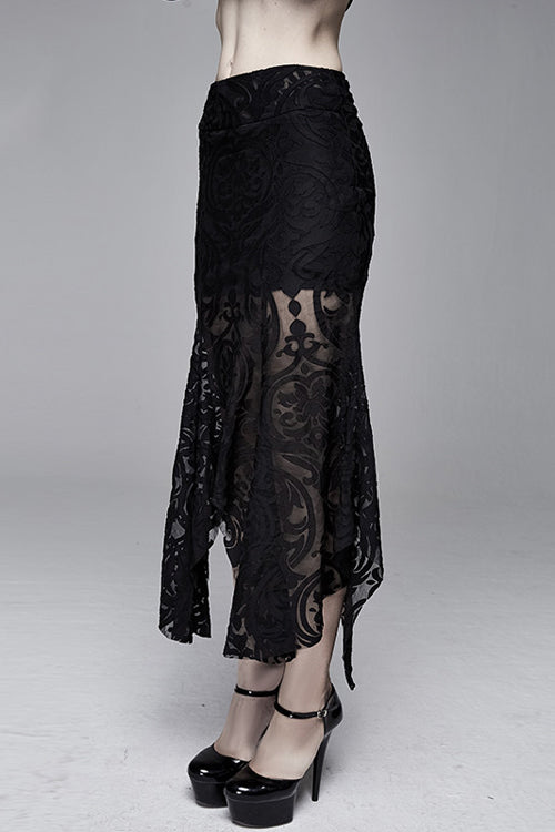 Court Flocking Printed Mesh Fishtail Asymmetric Black Gothic Skirt