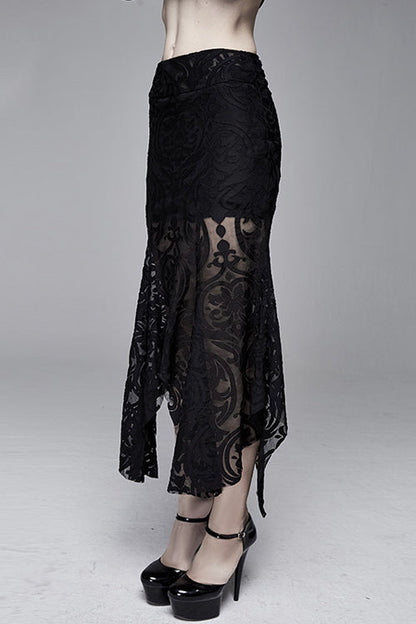 Court Flocking Printed Mesh Fishtail Asymmetric Black Gothic Skirt