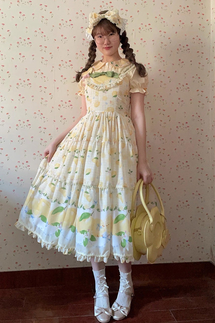 Lemon Chicken Print Ruffle Bow Lace Sweet Lolita JSK Long in Yellow
