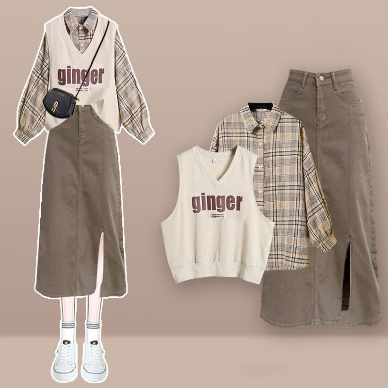 Denim Split Letter Lapel Plaid Skirt Print Vest Shirt