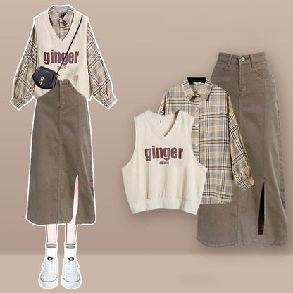 Denim Split Letter Lapel Plaid Skirt Print Vest Shirt