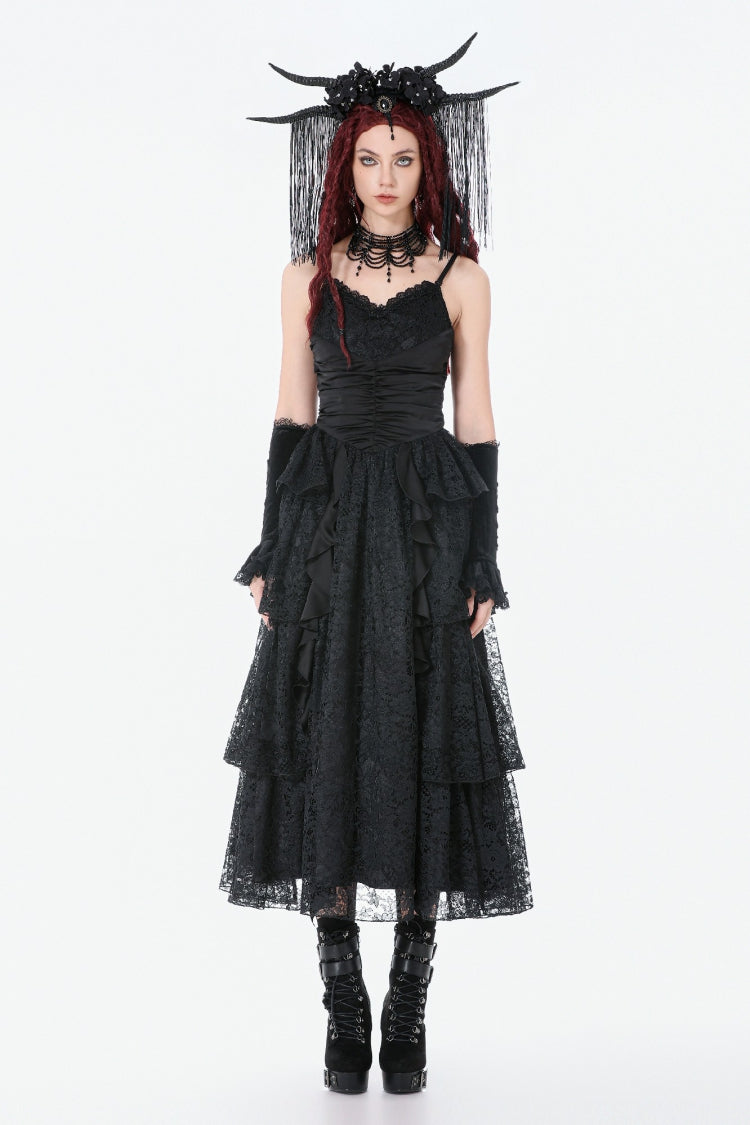 Ruched Lace Gothic Maxi Slip Dress for Weddings