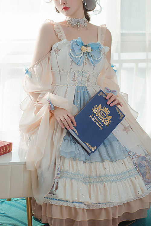 Cardigan with Elves Print and Multilayer Ruffled Jumper Dress