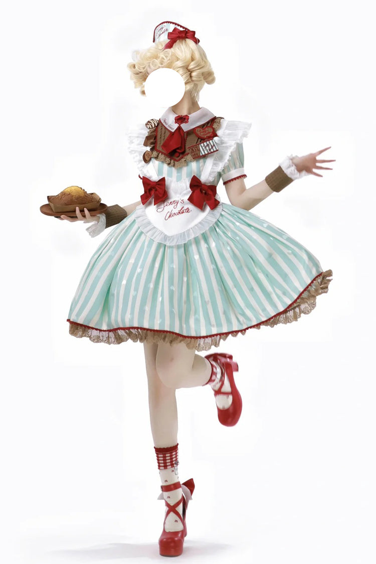 Emerald Jenny's Chocolate Short Sleeves Vertical Stripes Print Ruffle Bow Sweet Lolita Dress