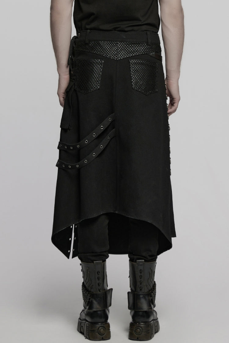 Gothic Men's Kilt with Faux Leather Stitching Lace-Up and Irregular Mesh