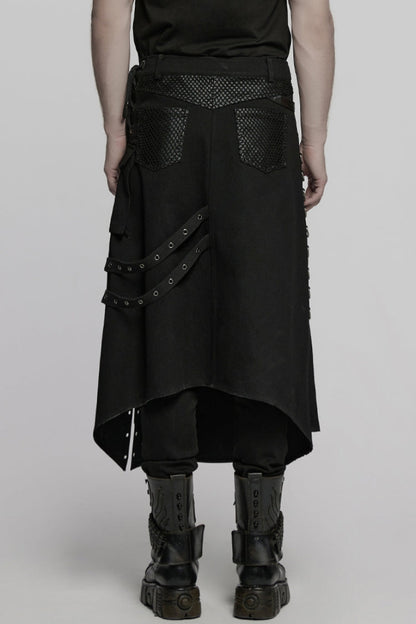 Gothic Men's Kilt with Faux Leather Stitching Lace-Up and Irregular Mesh