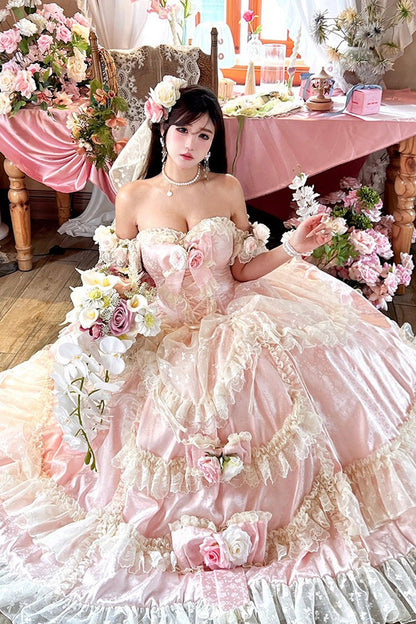 Pink Ruffle Bridal Bow Lace Sweet Princess Lolita Jumper - Love and Roses