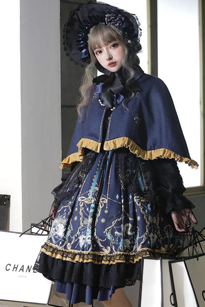 Black Gothic Lolita OP Dress with Lace Ruffled Long Sleeves