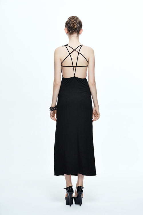 Gothic Women's Midi Slip Dress with Five-Pointed Star Pattern
