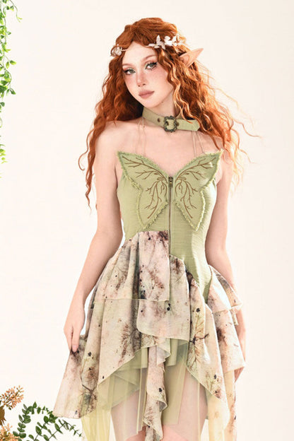 Green Forest Wandering 3D Butterfly Embroidery Lace Irregular Sweet JSK Dress