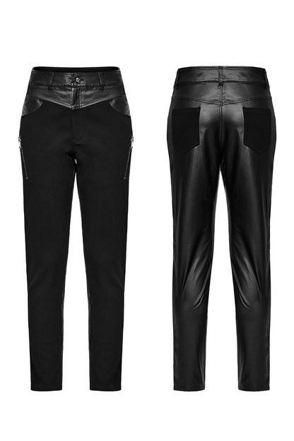 Punk Men's Trousers with Faux Leather Stitching and Zipper