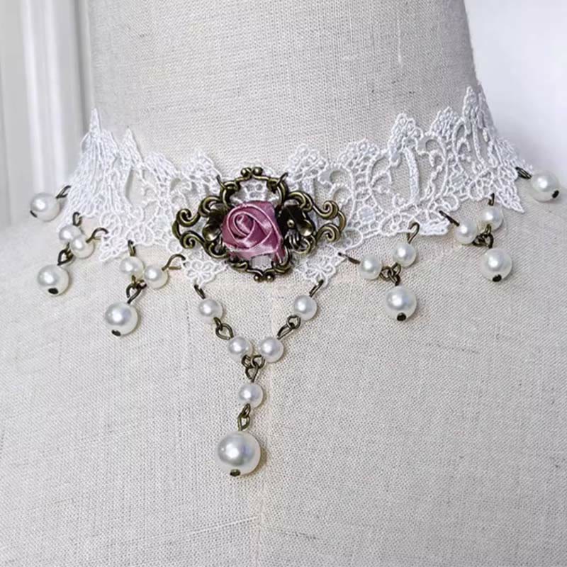 Collier ras du cou gothique punk rétro en dentelle et cristal Lolita