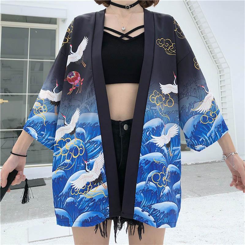 Crane Print Belted Kimono Outerwear Sun Protective