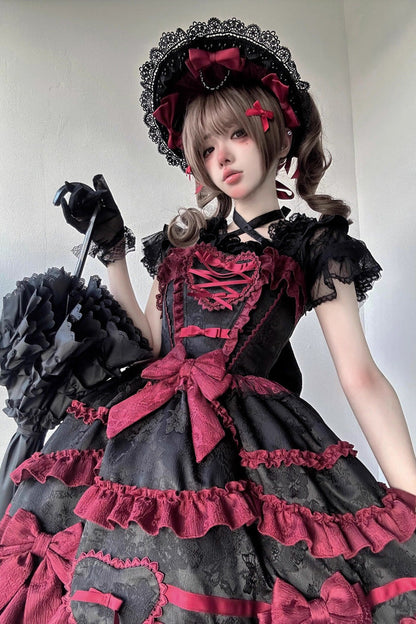 Elegant Gothic JSK Dress with Triple Ruffles and Bow - Noir