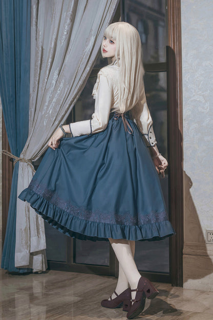 Blue Ruffle Embroidered Lace-Up Sweet College Elegant Lolita Skirt