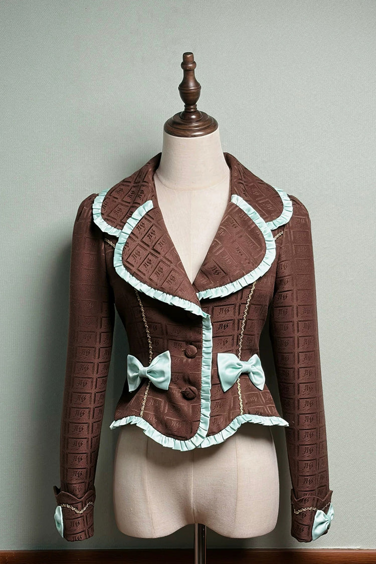 Brown Teddy Chocolate Bar Print Embroidered Bow Lace-Up Classic Lolita JSK Skirt