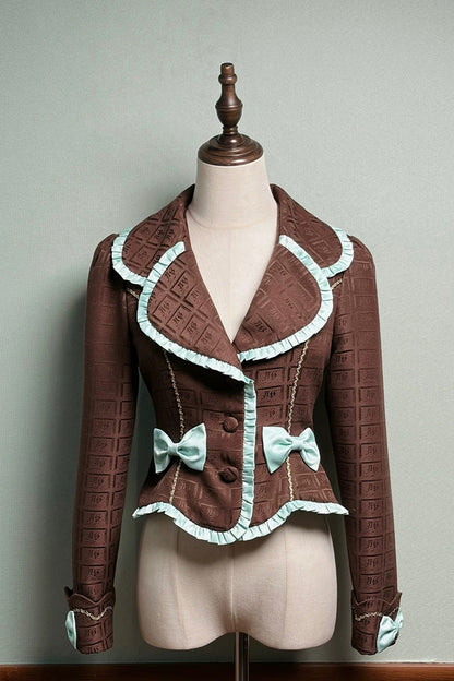 Brown Teddy Chocolate Bar Print Embroidered Bow Lace-Up Classic Lolita JSK Skirt