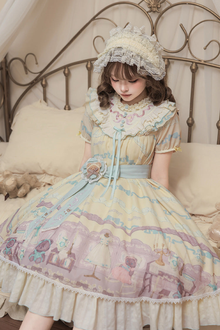 Sunny Short-Sleeve Bear Printed Ruffled Bow Dress Ensemble