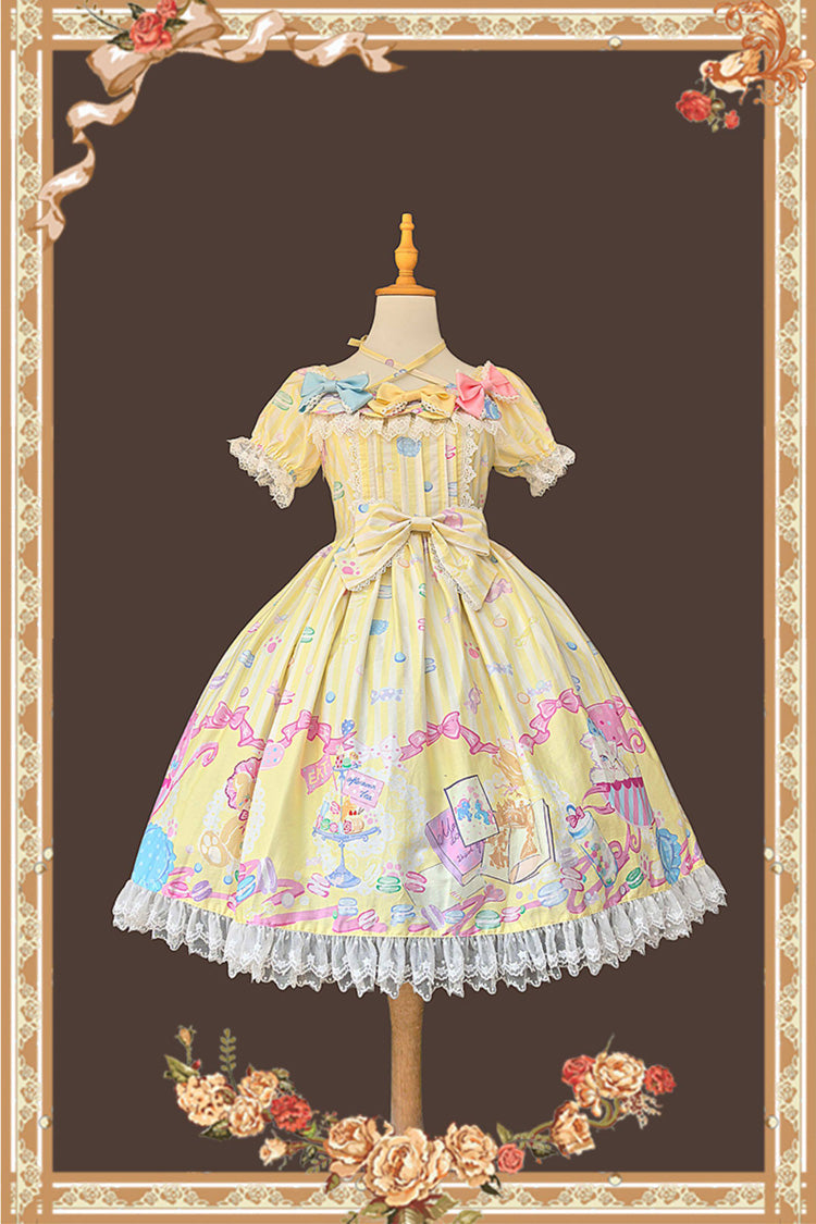 Macarons Dolly House Square Collar Short Lantern Sleeve Print Bow Sweet Lolita Dress in Yellow