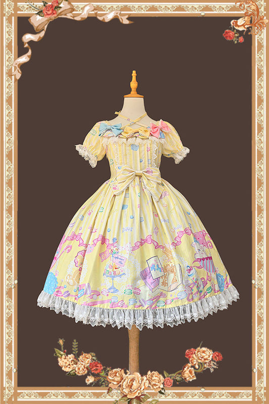 Macarons Dolly House Square Collar Short Lantern Sleeve Print Bow Sweet Lolita Dress in Yellow