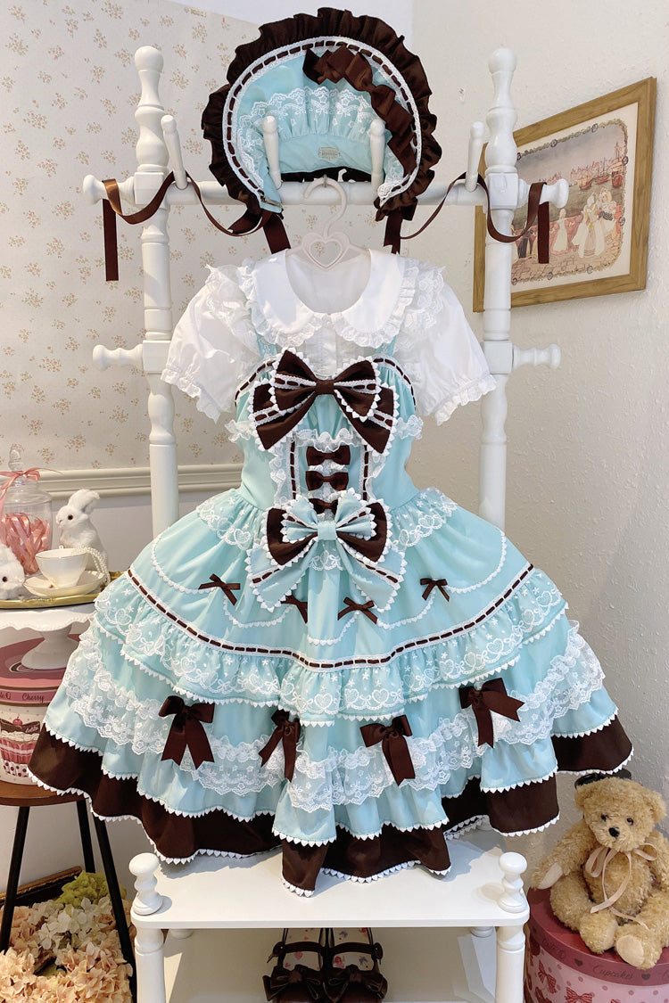 Mint Chocolate Fondant Cake Sleeveless Multi-Layer Ruffle Bow Lace Sweet JSK Dress