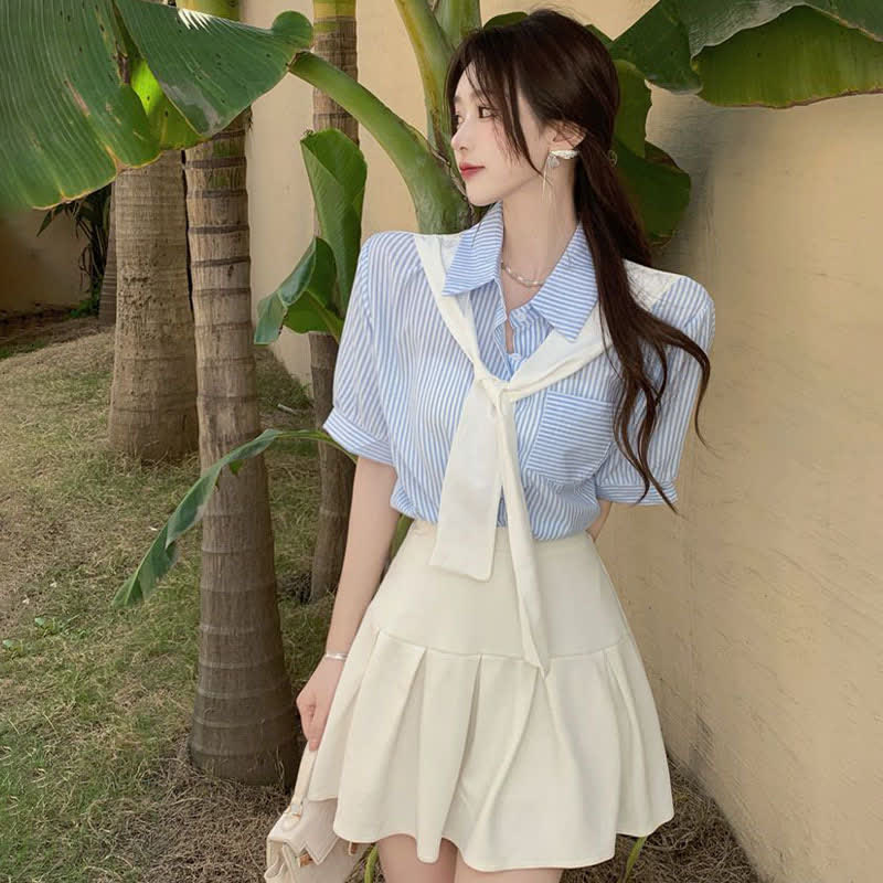 Chic Shorts Pocket Lapel T-Shirt Stripe Denim Ripped