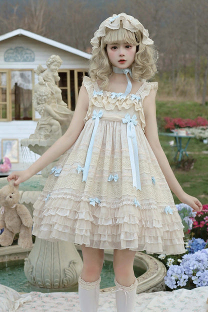 Little Wind Chime Sleeveless Multi-Layered Printed Ruffled Bow Lace Sweet Elegant Princess Lolita JSK Dress in Beige