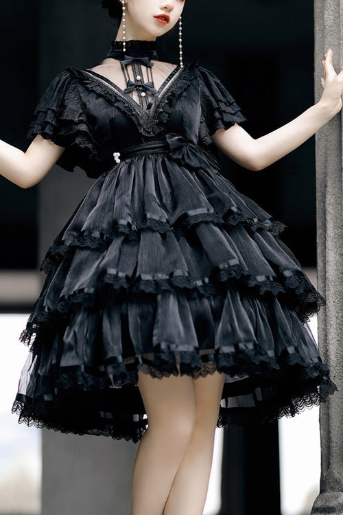 Dark Black High-Waisted Gothic Lolita Tiered Dress with Ruffled Hem