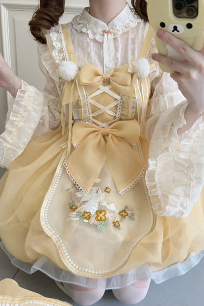Moon Rabbit Shadow Embroidery Ruffle Bow Lace Sweet Lolita JSK in Yellow