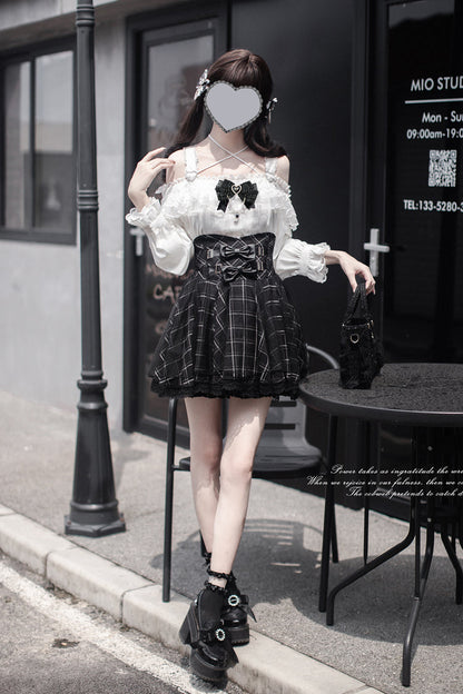 Black Plaid Bow Sweet Japanese Skirt