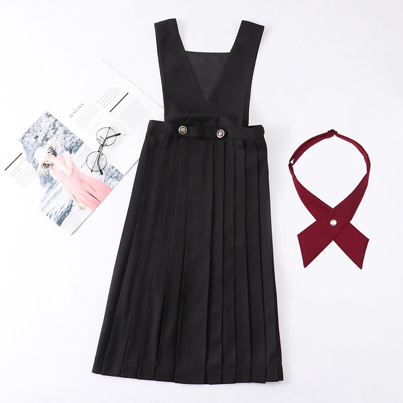 Preppy Style Tie Pleated Suspender Skirt Set