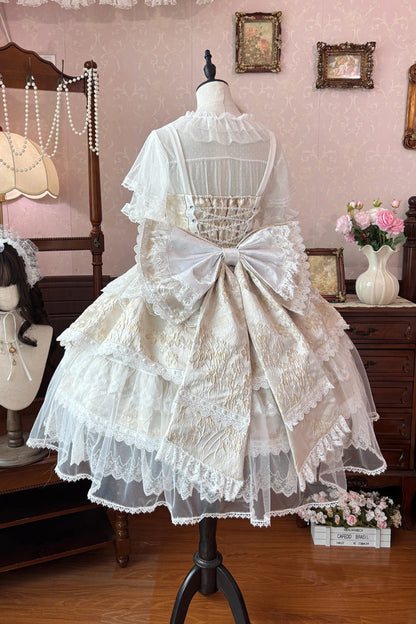 Moonlight Woven Flower Box Square Collar Layered Ruffled Embroidered Bow Lace Plus Size Lolita JSK Set in Yellow