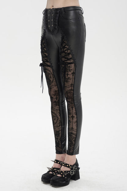 Gothic Women's Slim Leggings with Adjustable Lace Strings and Flocked Stretch