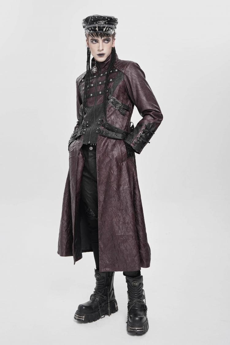 Crimson Mandarin Collar Zip Strap Eyelet Men's Punk Coat
