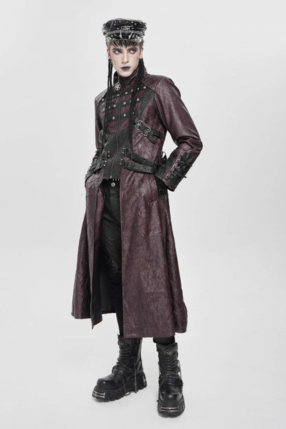 Crimson Mandarin Collar Zip Strap Eyelet Men's Punk Coat