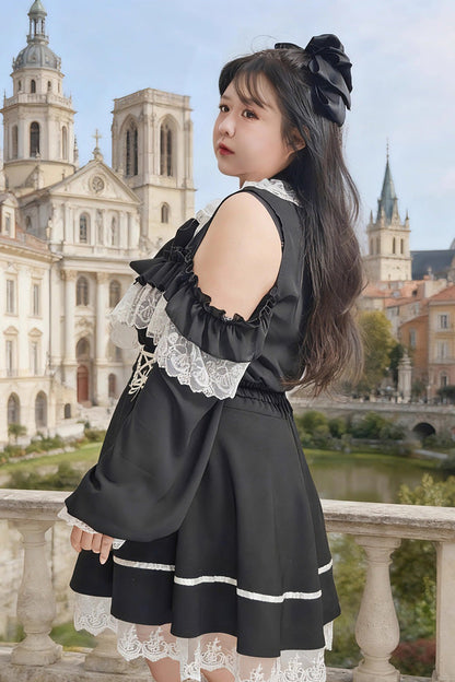 Black Off-Shoulder Ruffle Bow Lace Plus Size Blouse & Skirt Set