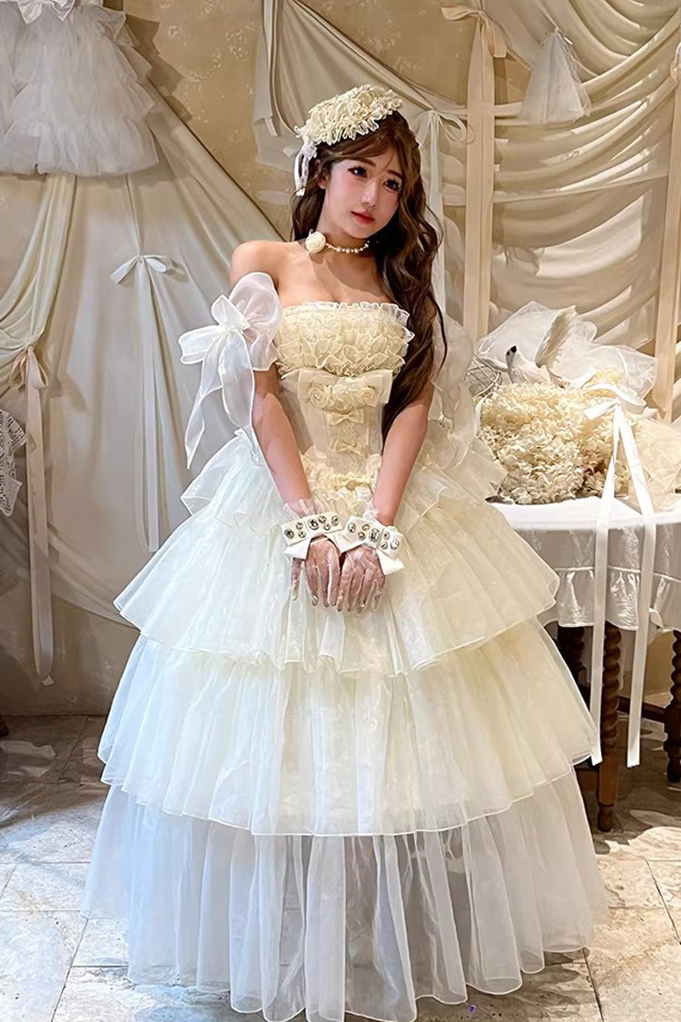 Mousse Serenade Triple-Layered Ruffled Hanayome Bow Lace Sweet Princess Lolita Strapless Dress in Beige