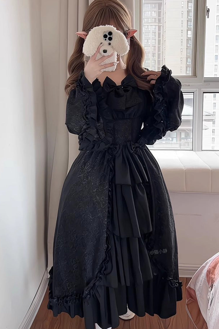 Ebony Long Hime Sleeves Layered Ruffle Cardigan Bow Gothic Plus Size Dress