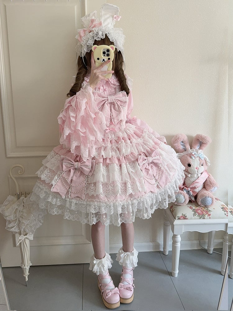 Pink Bead Chain Big Bows Decoration Tiered Skirt Hanayome Lolita Dress