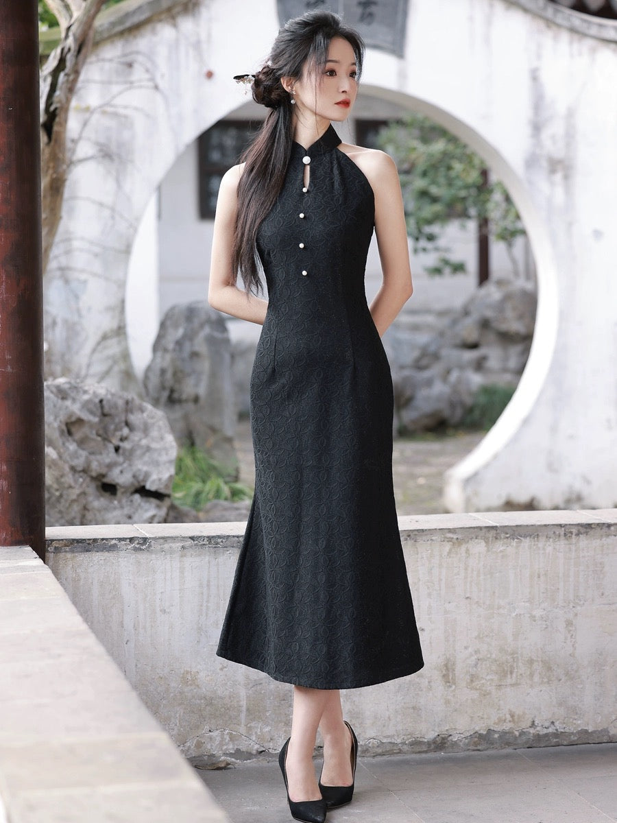 Cheongsam long sans manches élégant noir