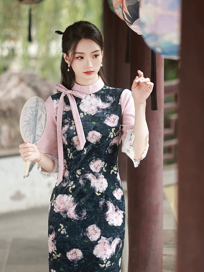 Cheongsam mit mittellangen Ärmeln und Schleife