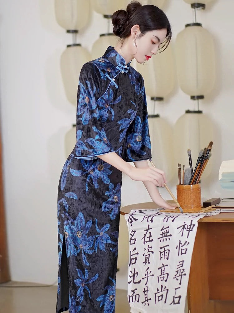 Robe Cheongsam fleurie bleue