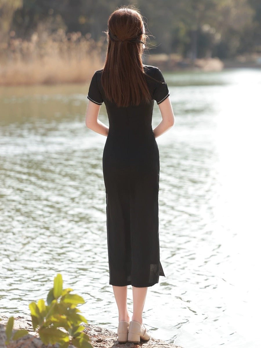 Cheongsam en bambou blanc et noir