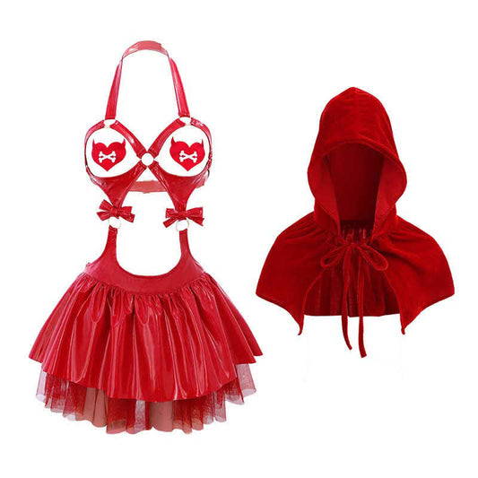 Christmas Hollow Out PU Lingerie Set