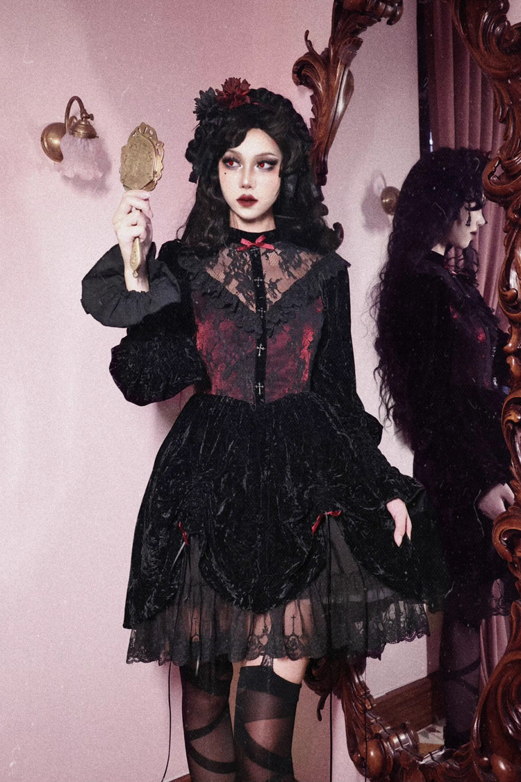 Rose Cemetery Puff Sleeve Lolita Dress with Hollow Lace - Noir