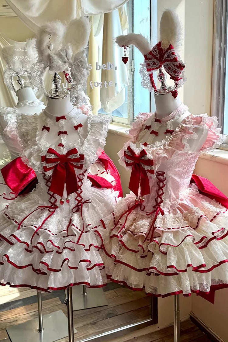Cupid Strawberry Sleeveless Triple Layer Ruffle Bow Princess Ballet Sweet Lolita Dress 2 Colors