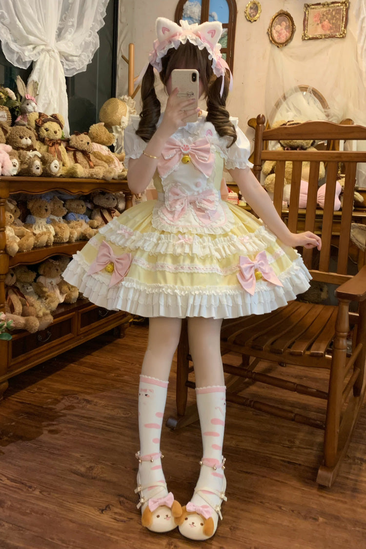 Meowling Sweet Maid Sleeveless Multi Layer Ruffle Bow Lace Princess Lolita JSK in Yellow