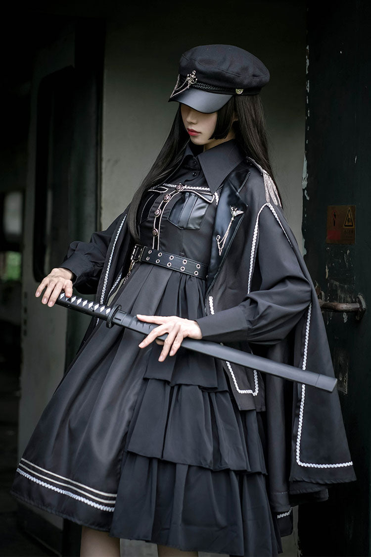 Dark V-Neck Military Lolita JSK Dress with Rivets and Epaulettes