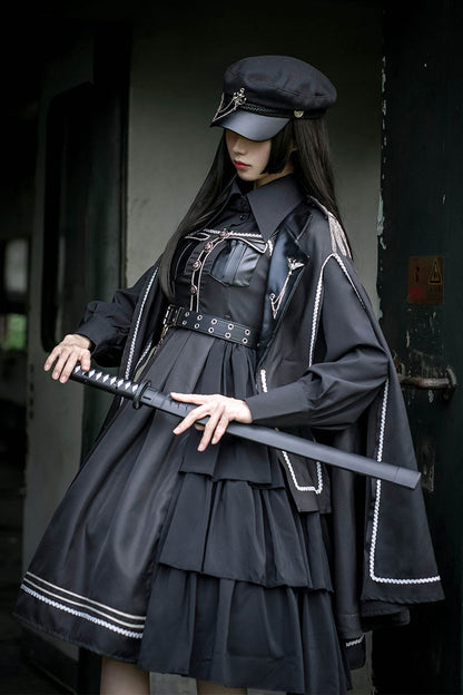 Dark V-Neck Military Lolita JSK Dress with Rivets and Epaulettes